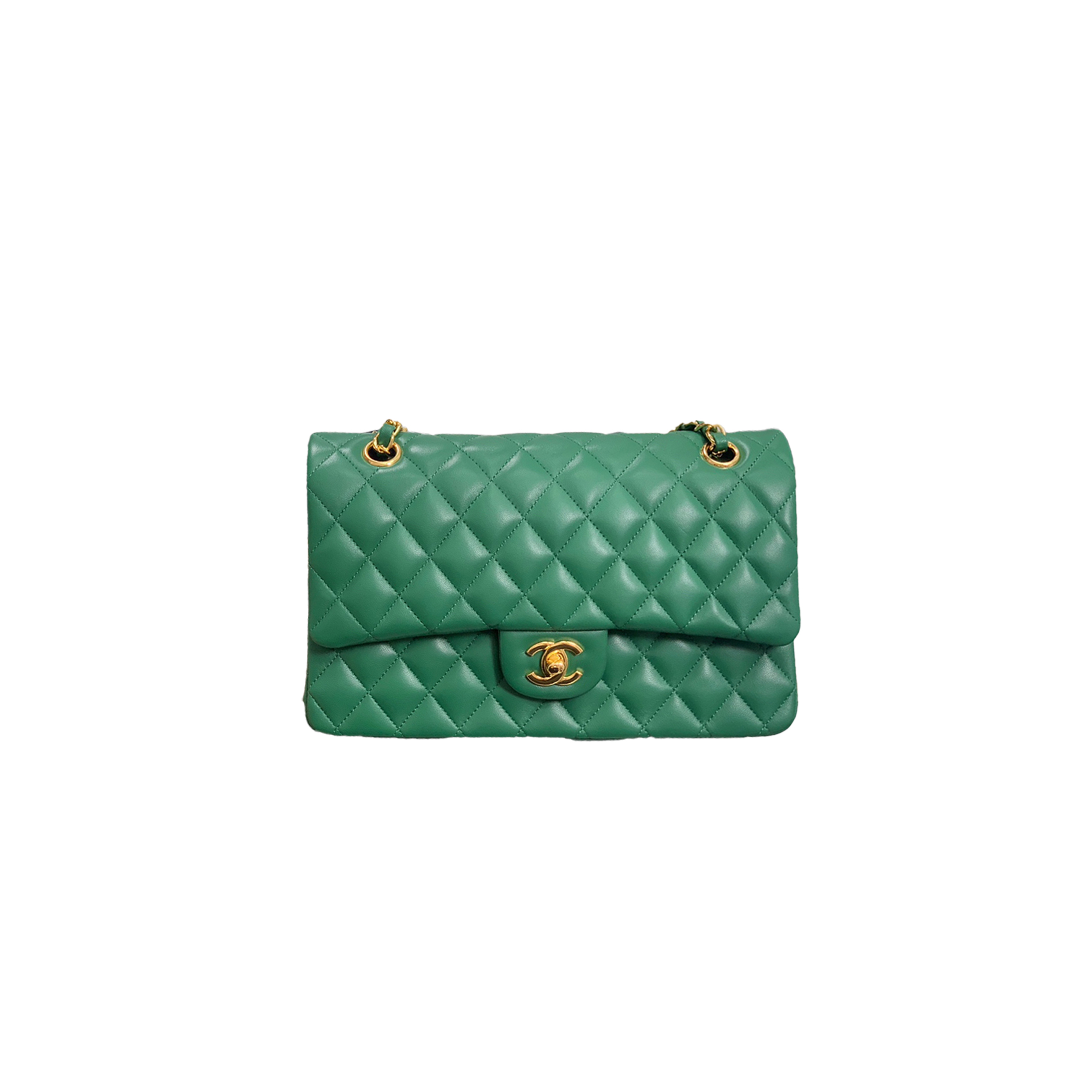 CHANNEL LAMBSKIN QUILTED RECTANGULAR FLAP LIGHT GOLD GREEN A1112 (25*15*6cm)